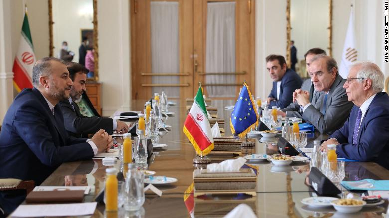 Iran&#39;s Foreign Minister Hossein Amir-Abdollahian meets Josep Borell, the High Representative of the European Union for Foreign Affairs and Security Policy, and Deputy Secretary General of the European External Action Service Enrique Mora in Tehran on June 25, 2022. 
